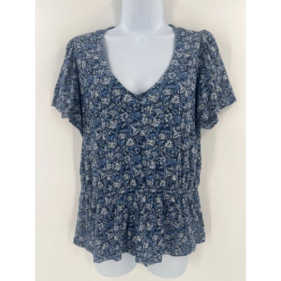 Lucky Brand L Blue Floral Paisley Print V-Neck Tunic Top Boho Peasant Blouse - Picture 1 of 9